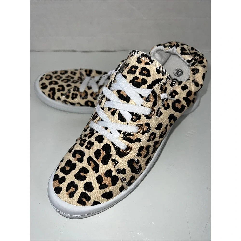 Leopard Women‎ Lace Up Canvas Shoes Low Top Slip On Sneakers Walking Flats Shoes